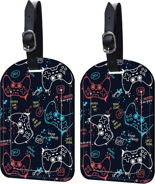 2 Pack Luggage Tags Game Controller PU Leather Baggage Handbag Suitcase Tags with Secure Strap Privacy Cover ID Labels,Business Travel Baggage Tag Identifier