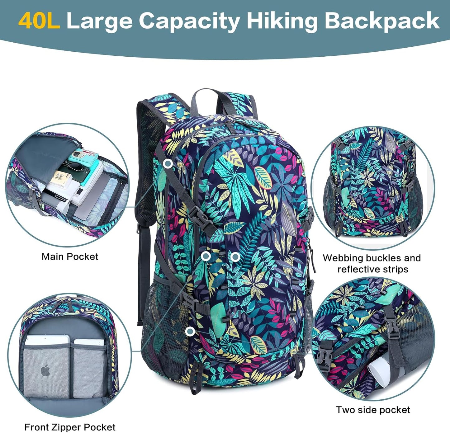 40L Hiking Backpack, Lightweight Foldable Hiking Daypack with Wet Pocket, Waterproof Travel Camping Bag for Men Women