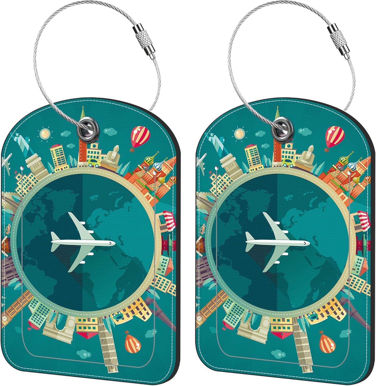 2 Pack Cute Luggage Tag for Suitcases Travel Around The World Leather Luggage Tags with Stainless Steel Loop Privacy Flap Name Tags,Men and Women Travel Bag Suitcase Tags