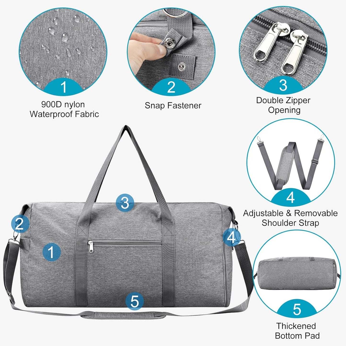 Felipe Varela 65L Duffle Bag with Shoes Compartment, Foldable Carry on Bag Travel Duffel Bags