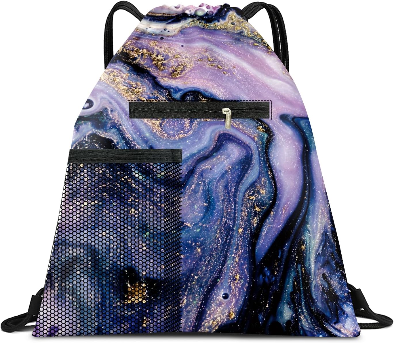Drawstring Backpack Sports Gym Bag, Large String Swim Bag for Beach With Water Bottle Mesh Pocket, Cute Gym Sack with Zipper Pocket for Men Women Luxuious Purple Marble
