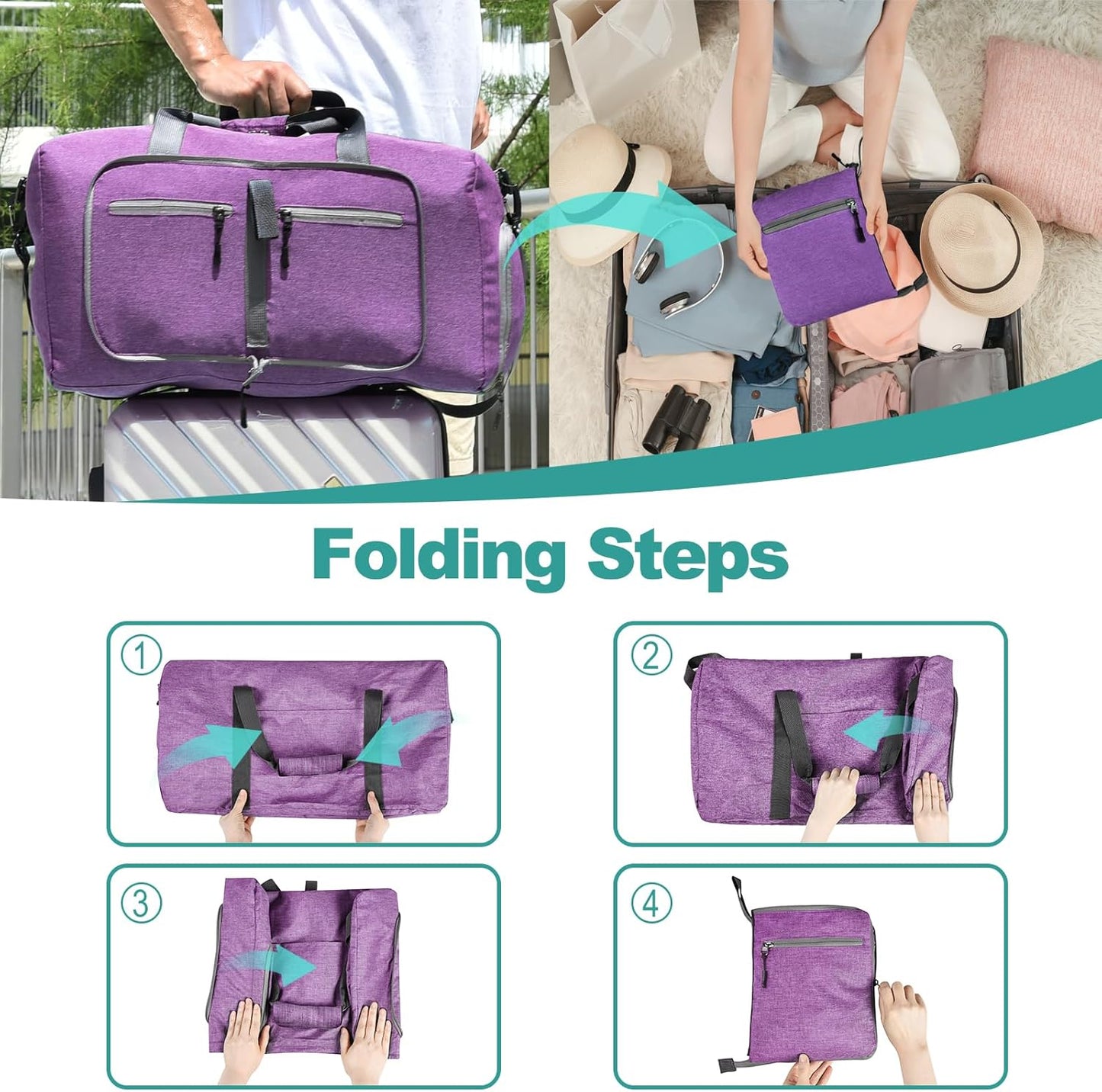 Dimayar 85L Travel Duffle Bag for Men Women - Foldable Duffel Bag with Shoes Compartment - Overnight Bags Waterproof & Tear Resistant(Purple)
