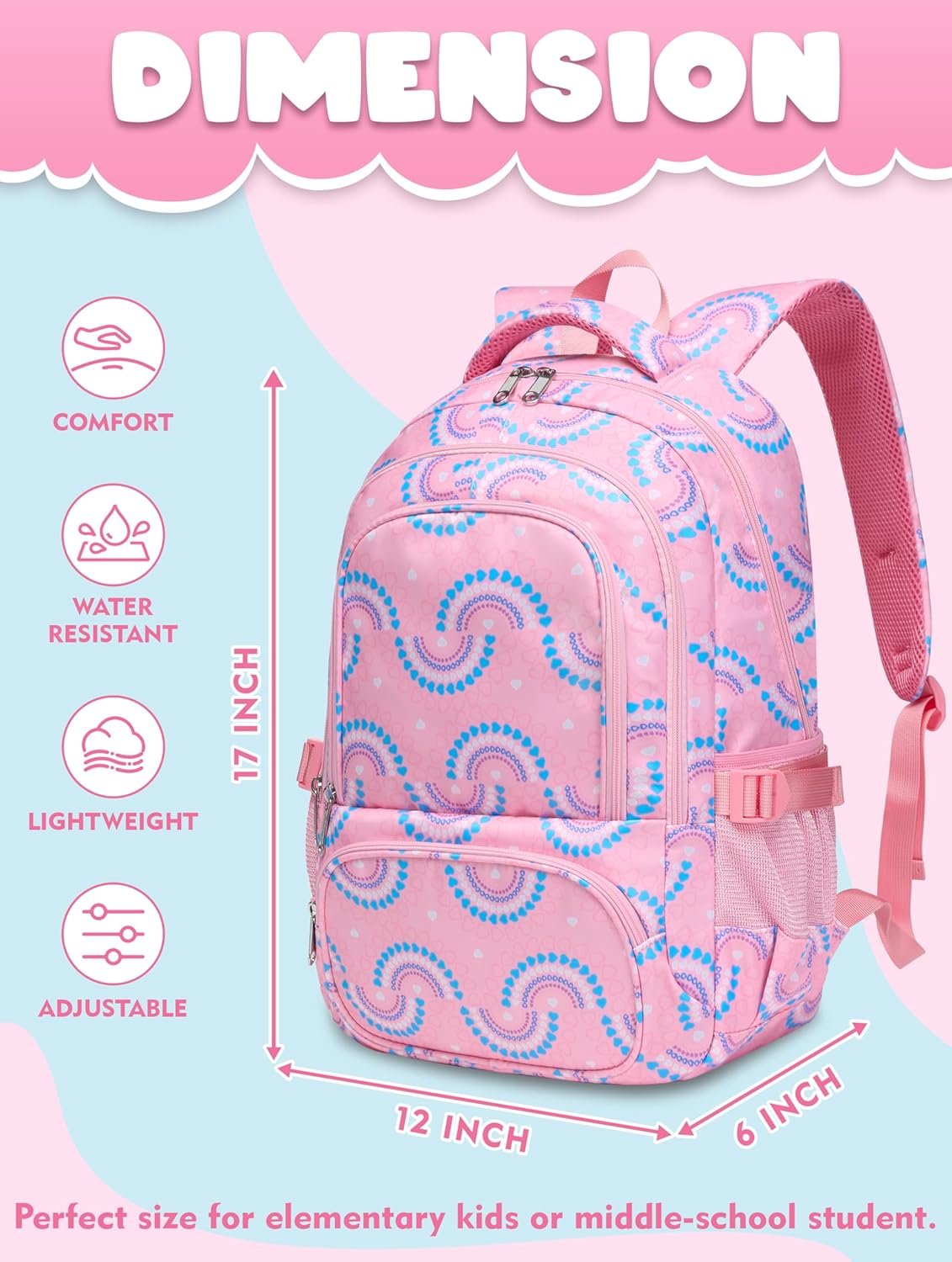 BLUEFAIRY Kids Backpacks for Boys Girls Elementary Primary Middle School Bookbags Back to School Bags for Childs Age 6-8 Mochilas Escolares para Niños Niñas 17 Inch Peach Pink