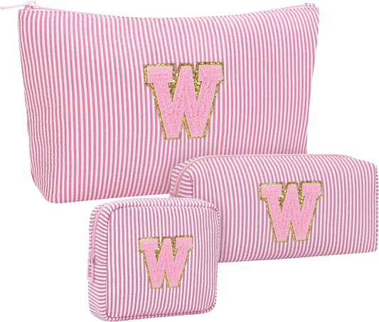 MONSTINA Personalized Initial Makeup Bag for Women,Make Up Case for Girlfriend Bridesmaid Wife,Maid Matron of Honor Gift, Bride to be Gifts,Bachelorette Party Favors,Birthday Gift for Her Pink W