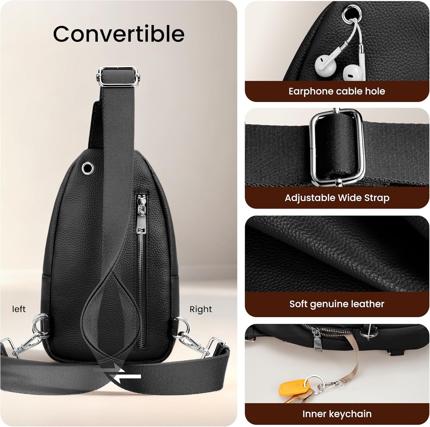 befen Genuine Leather Small Sling Bag for Women Anti-Theft Crossbody Chest Bags Multi-Pockets Fanny Pack with RFID Card Slots