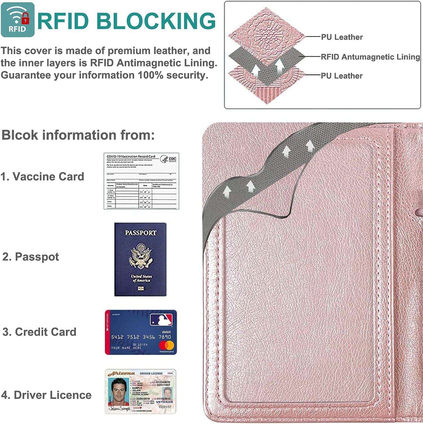 RSAquar Passport and Vaccine Card Holder Combo, Passport Holder Cover Wallet, Leather Card Case Travel Accessories with RFID Blocking for Women and Men, Rose Gold