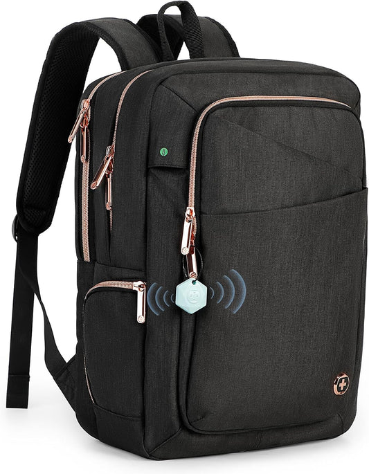 Swissdigital Design Business Backpack For Women with Rose Gold-Tone Zippers College Travel Laptop Backpack With Apple Find My Network,Fits 15.6 inch Laptop,Black | KATY ROSE