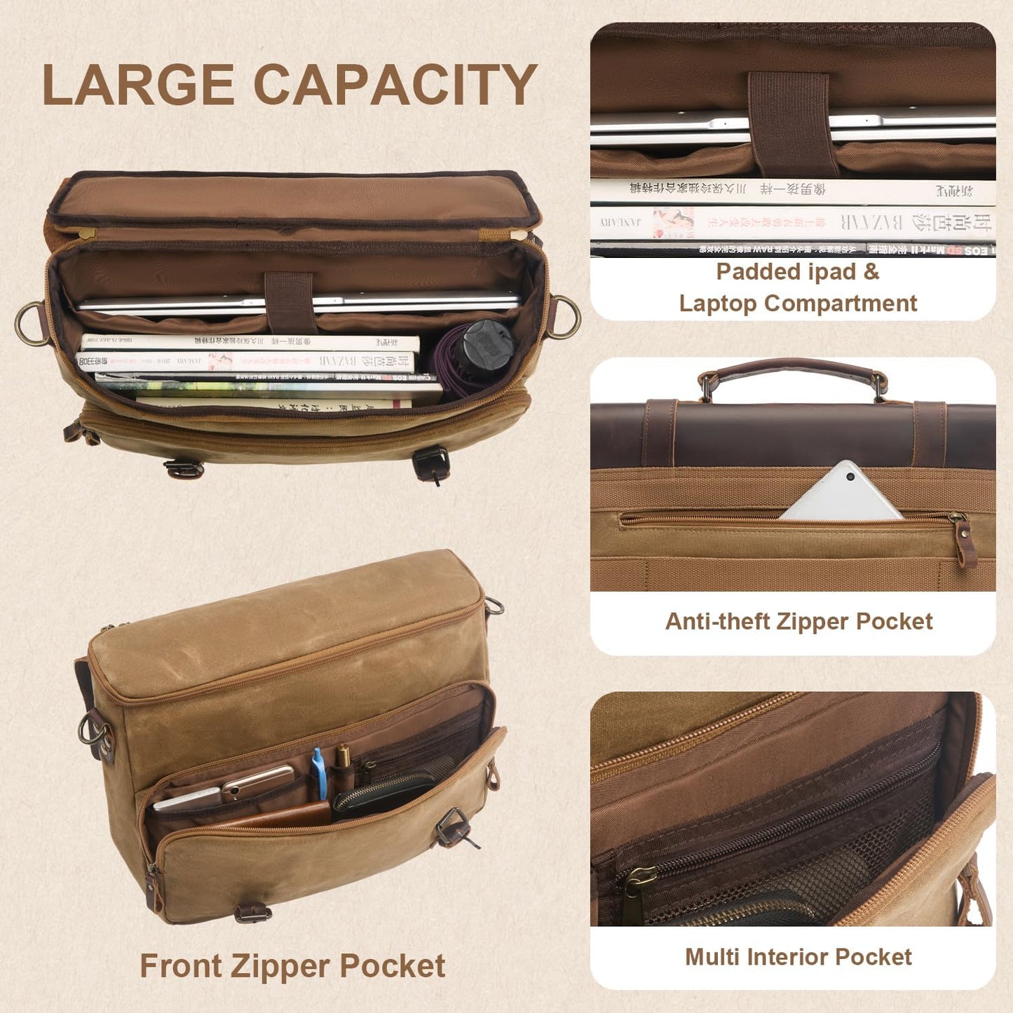 Mens Messenger Bag Waxed Canvas Laptop Briefcase 16“ Vintage Genuine Leather Crossbody Bags Waterproof Satchel Shoulder Bag