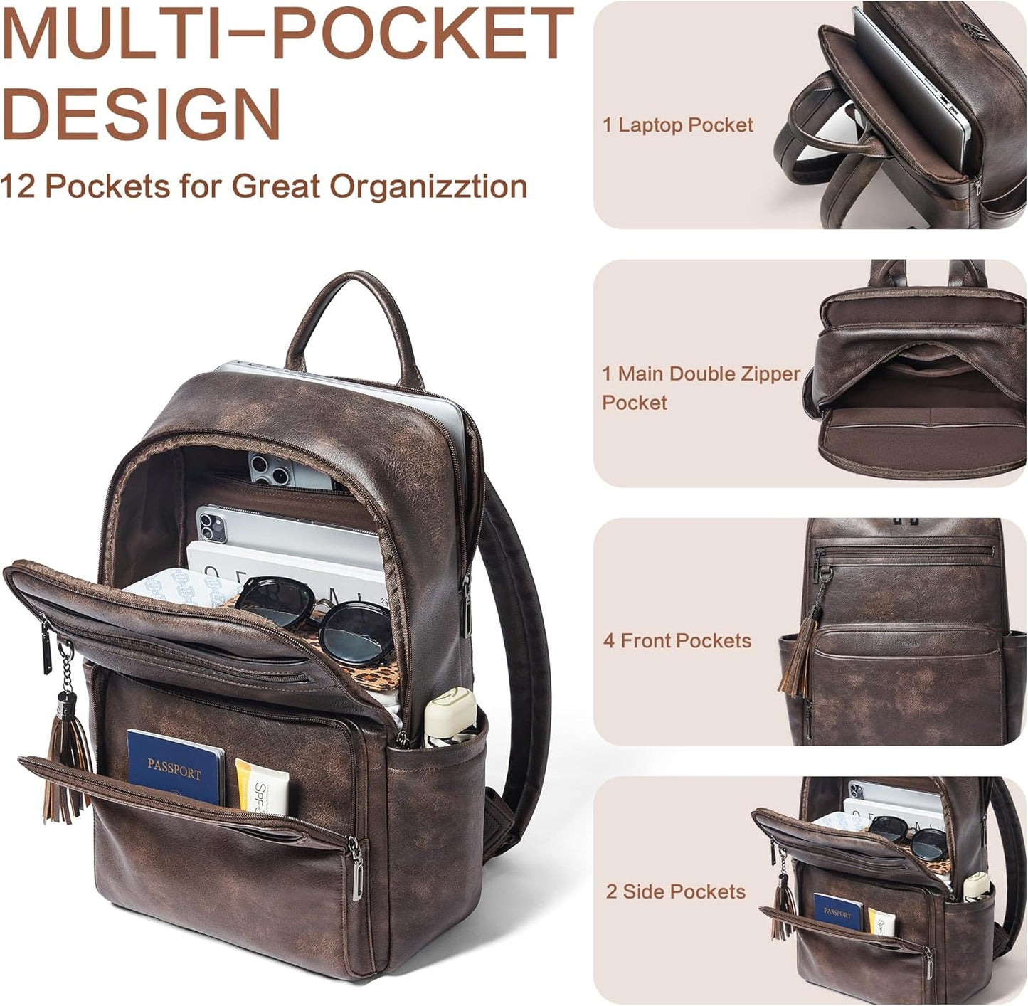 Laptop Backpack for Women,Leather Backpack with 15.6 inch Laptop Compartment,Large Capacity Computer Backpacks Purse,Carry-on Travel Backpacks,Casual Daypack for Work Business College,Coffee