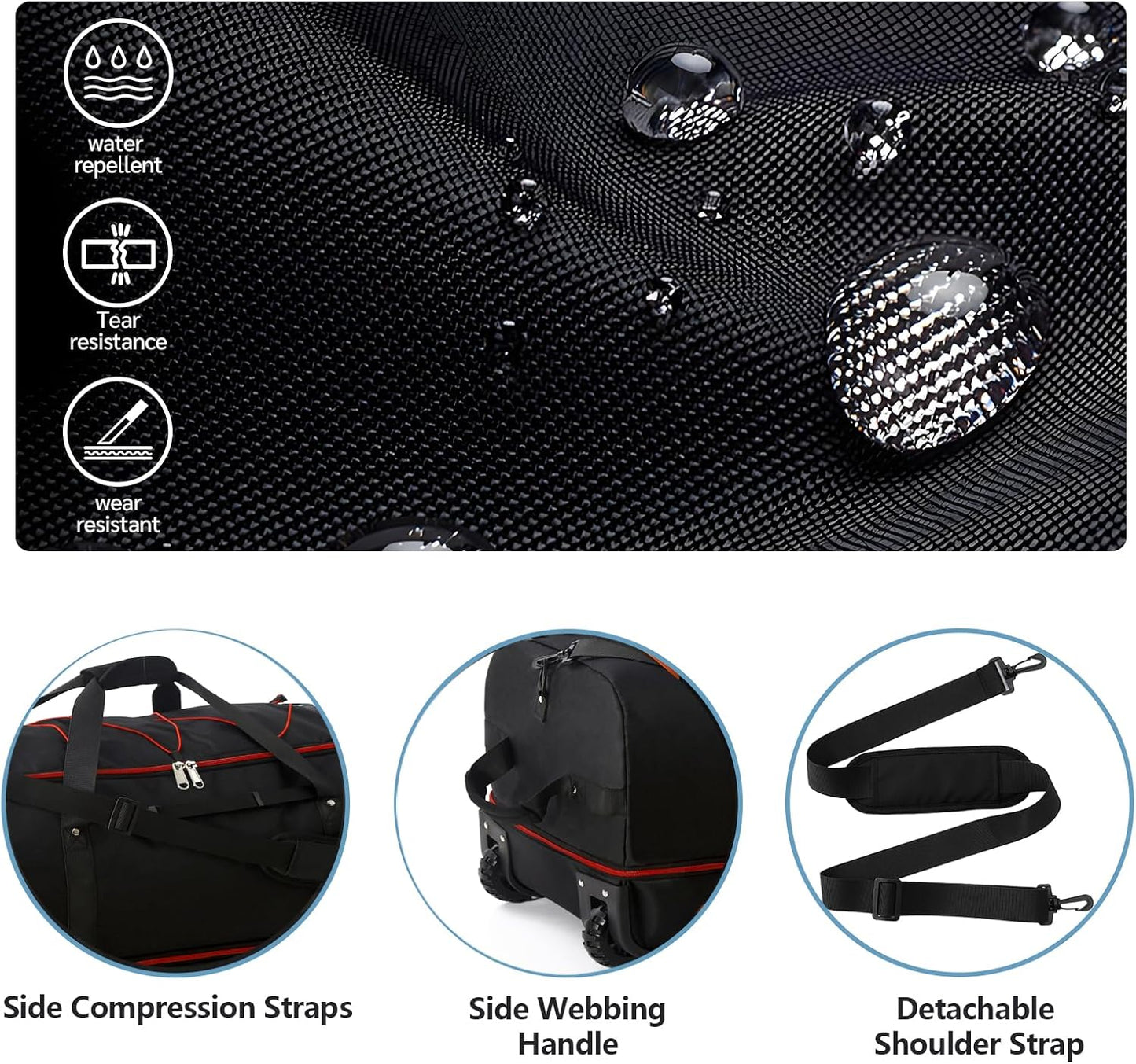 32” 1680D Oxford Foldable Duffle Bag with 2 Wheels,110L to 140L Expandable Soft Sided Rolling Travel Bag,Black-red