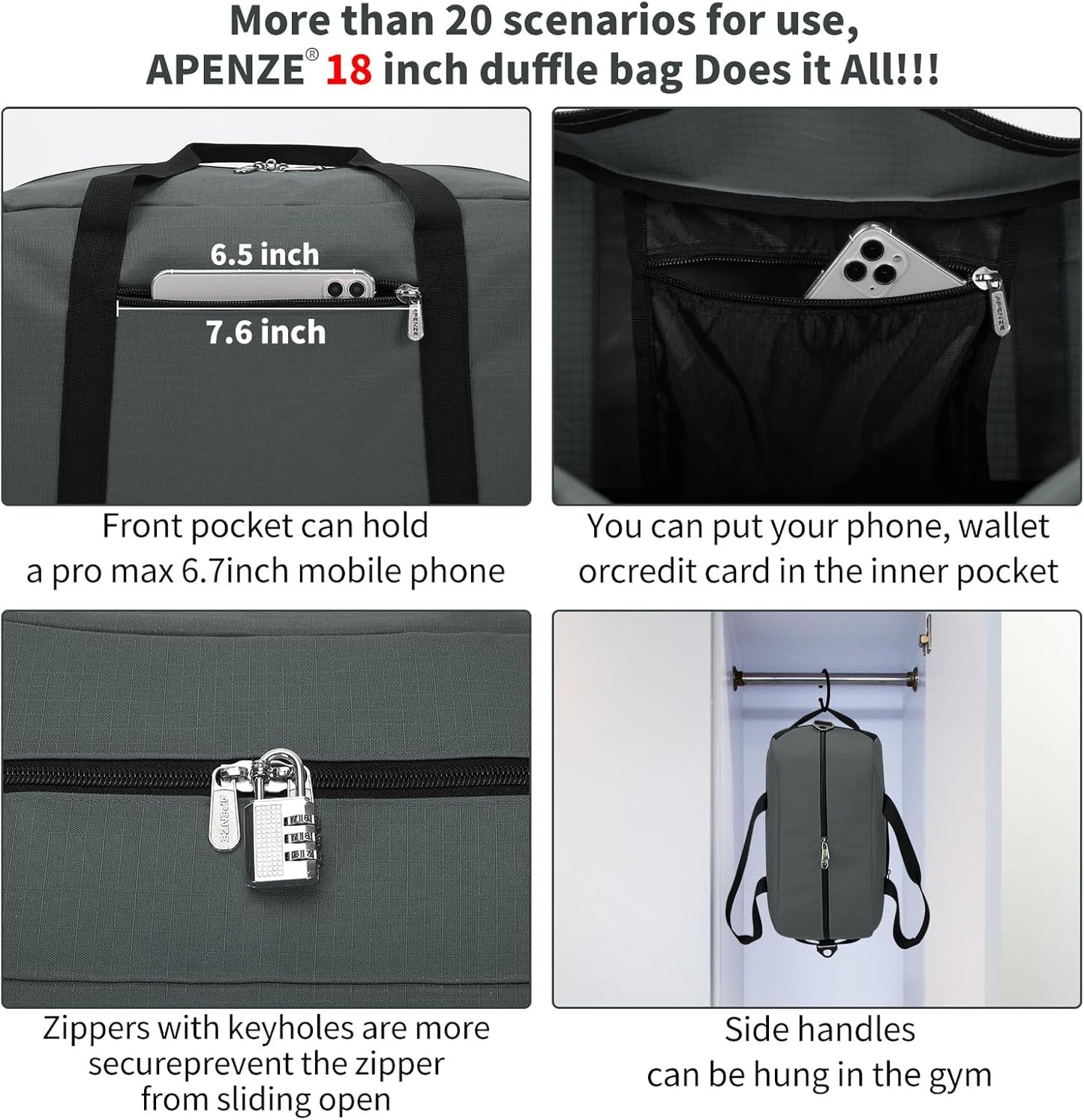 Small Gym Bag 18 inch Carry On Duffel Bag for Weekender Travel - Dark Grey