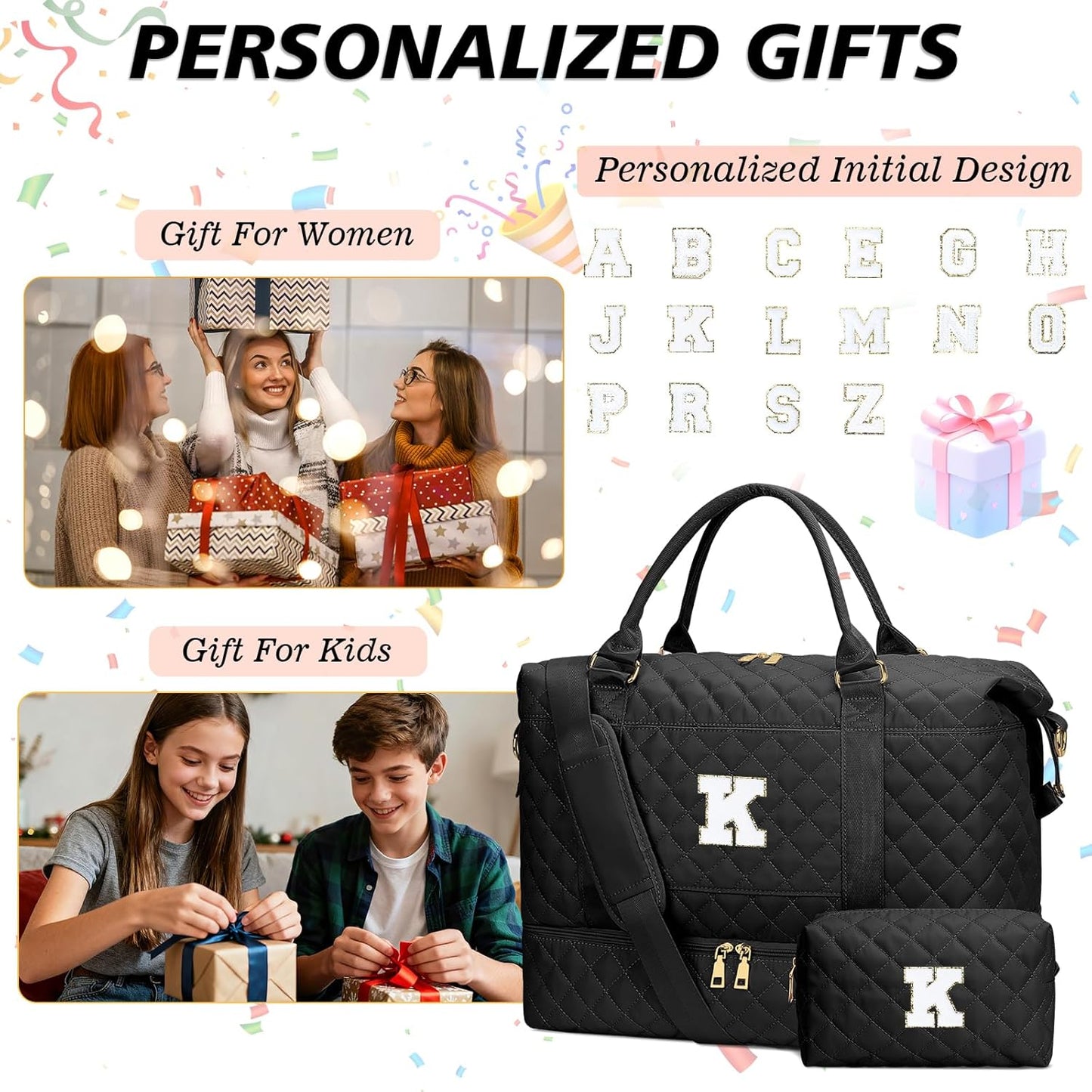Gifts for Women Girls Initial Travel Duffle Bag Quilted Weekender Carry-On Overnight with Cosmetic Bag, Gym Bag with Shoe Compartment, Black K