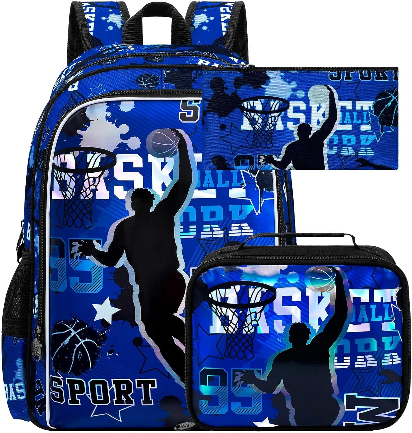 gxtvo 3PCS Boys Basketball Backpack, 17" Kids Bookbag with Lunch Box, Water Resistant Middle Elementary Preschool School Bag