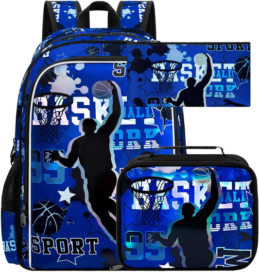 gxtvo 3PCS Boys Basketball Backpack, 17" Kids Bookbag with Lunch Box, Water Resistant Middle Elementary Preschool School Bag