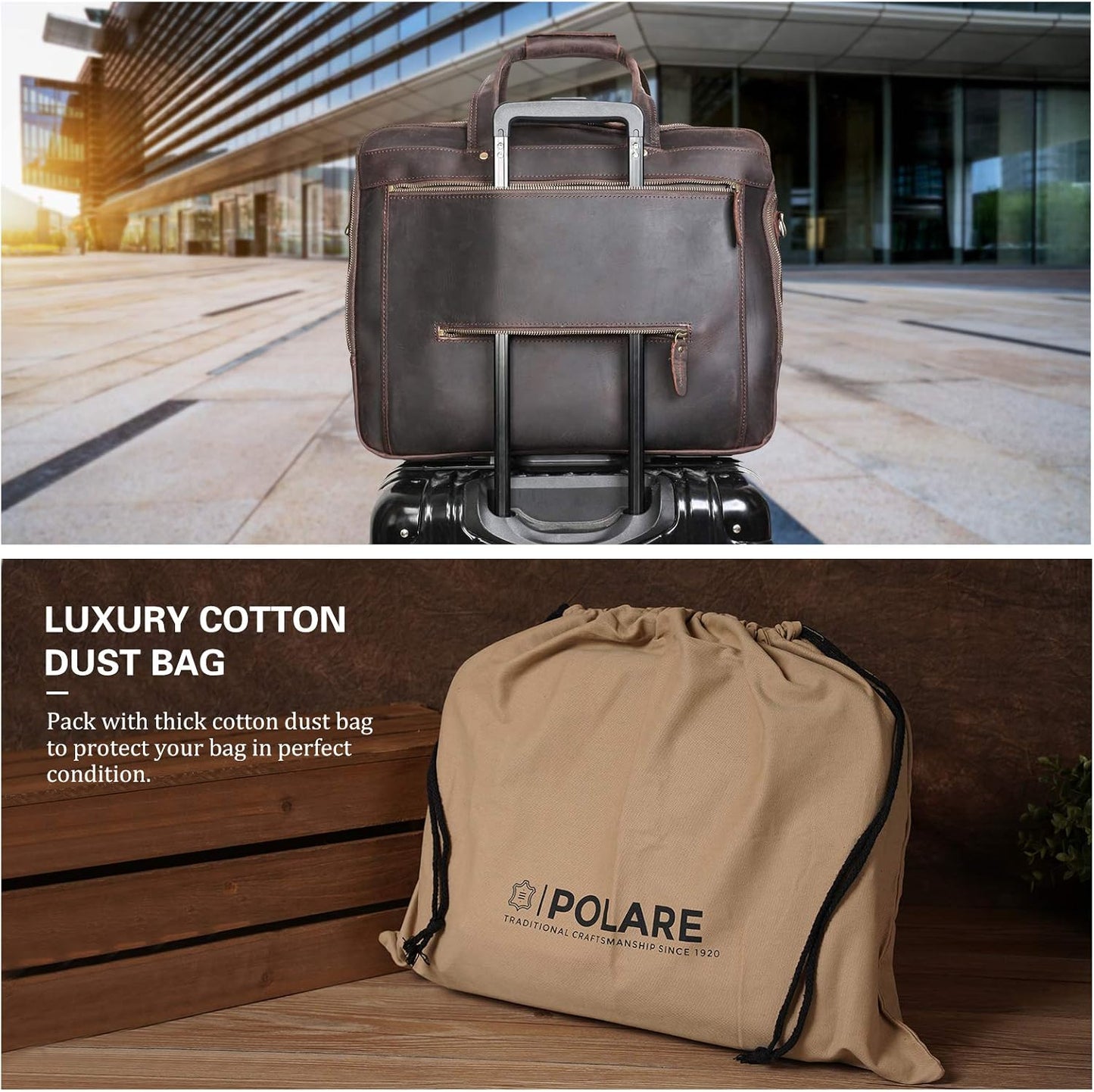 Polare 18'' Thick Full Grain Leather Fit 17.3" Laptop Business Briefcase Work Bag Overnight Bag For Men