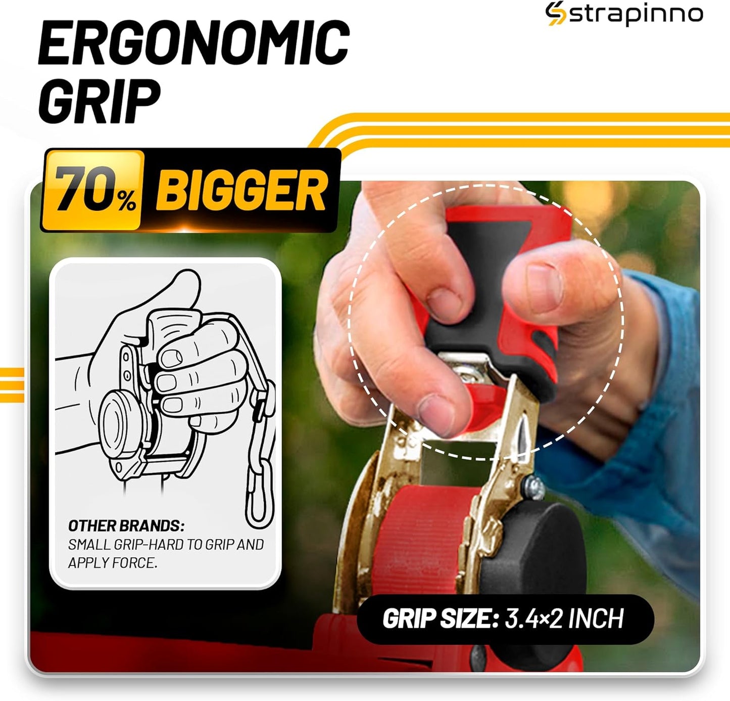Strapinno Retractable Ratchet Straps 1 in x 10 ft, Secure Tie-Downs with Rubber-Coated Steel Handles, for Motorcycle, Jetski, Kayak, Breaking Strength 1,500LBS/680KG (Red Strap, Yellow Zinc Coated)