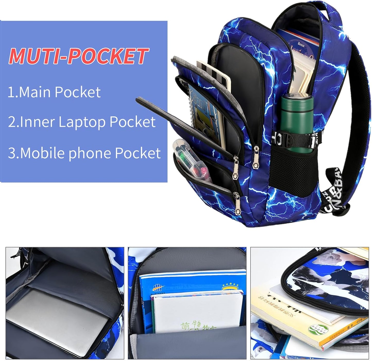 Camo Backpack for Kids, Lightweight Camo Backpack Elementary Middle School Backpack Water Repellent Bookbag (Lightning Blue 2 in 1)