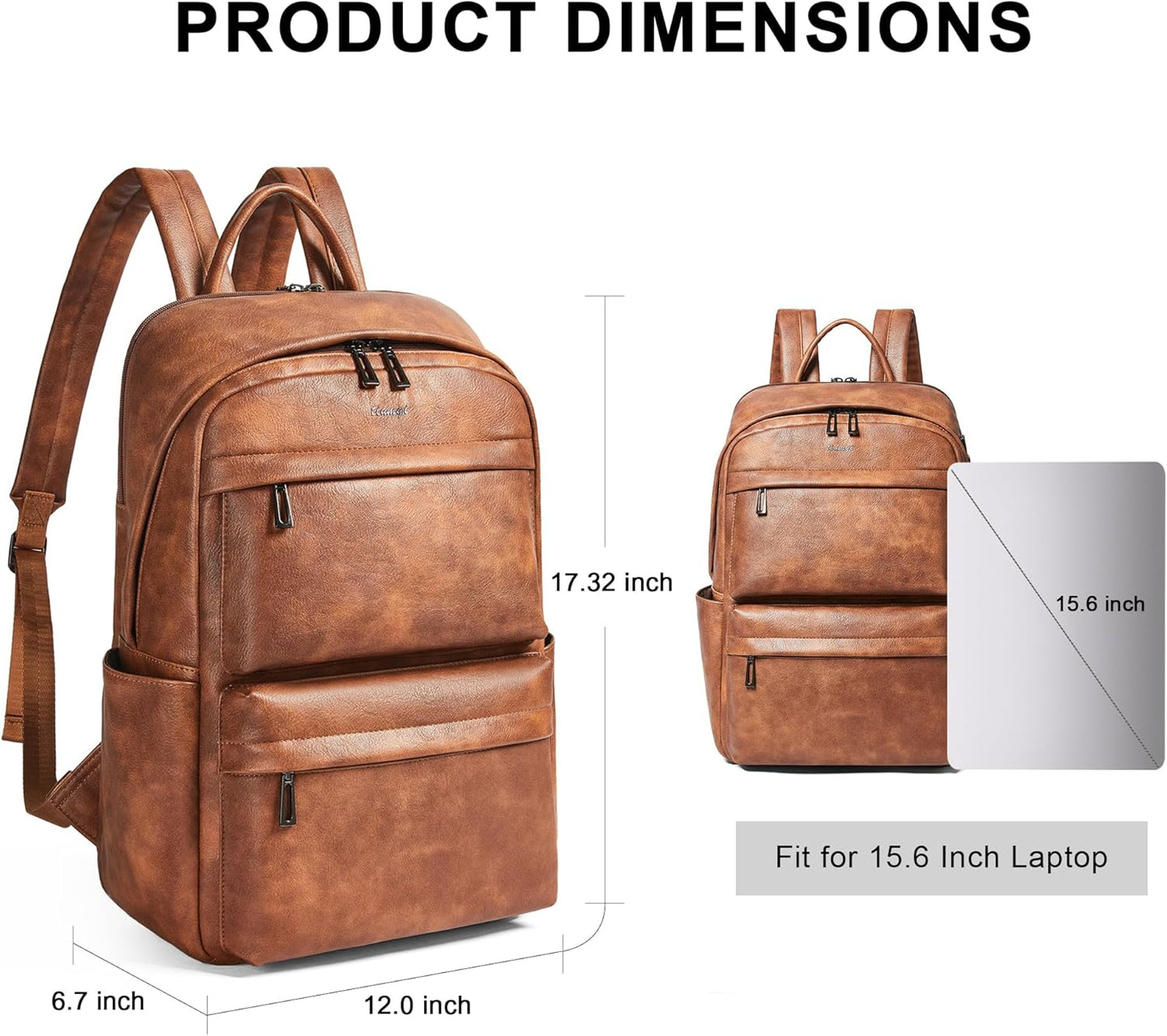 Leather Laptop Backpack for Women, Fits 15.6 Inch Laptop, Leather Backpack with 2 Water Bottle Pockets, Hidden Zipper and Luggage Strap, Ideal for Work, Travel, College, Everyday Use, Brown