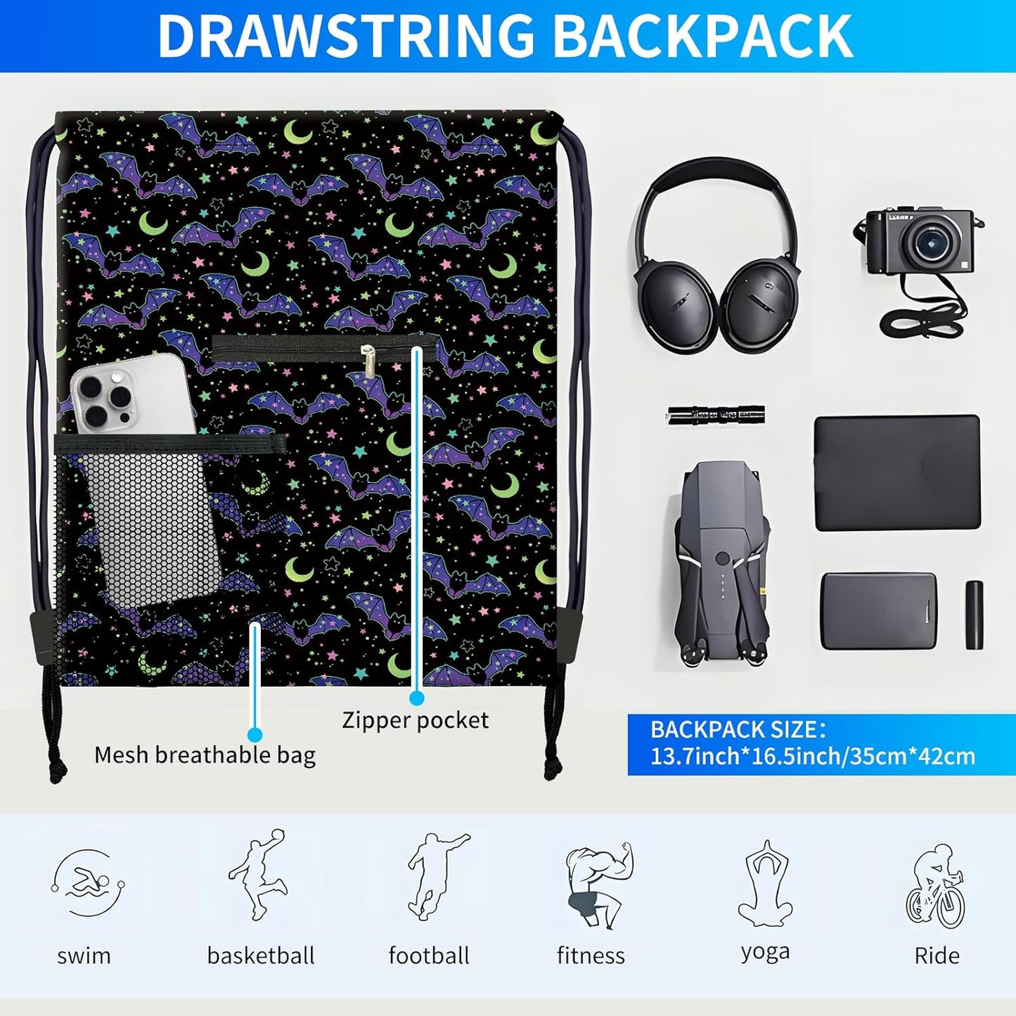 Drawstring Backpack Sports Gym Bag, Large String Swim Bag for Beach With Water Bottle Mesh Pocket, Cute Gym Sack with Zipper Pocket for Men Women Cute Black Bats