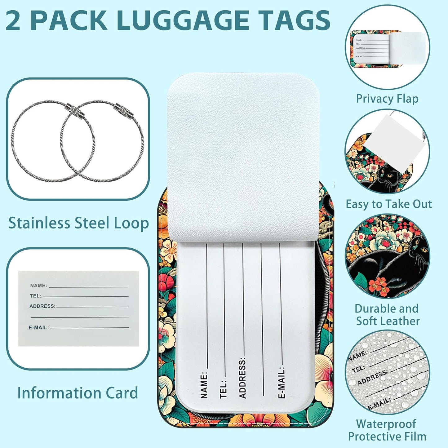 2 Pack Cute Luggage Tag for Suitcases Black Cat and Flower Leather Luggage Tags with Stainless Steel Loop Privacy Flap Name Tags,Men and Women Travel Bag Suitcase Tags