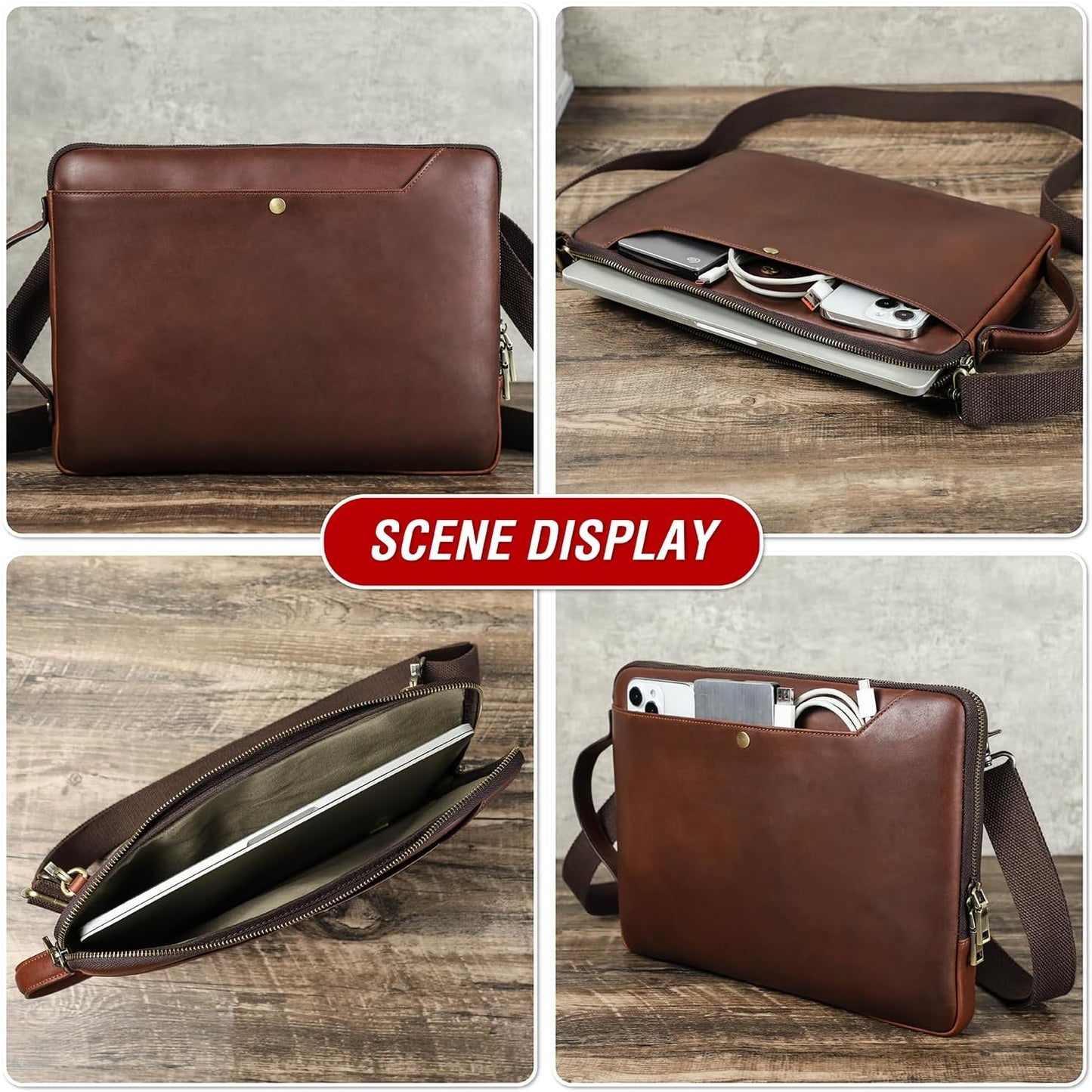 Top Grain Leather 14.2" Slim Laptop Bag Case, Handmade, Adjustable Strap & 2 Pockets, Compatible