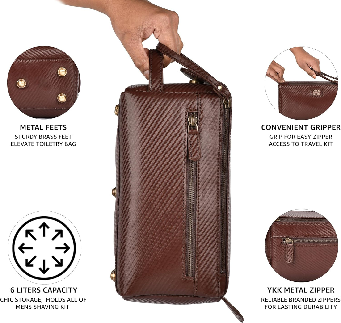 LEATHER VILLAGE Premium Carbon Fiber Genuine Leather Travel Toiletry Bag - Large Compact Dopp Kit
