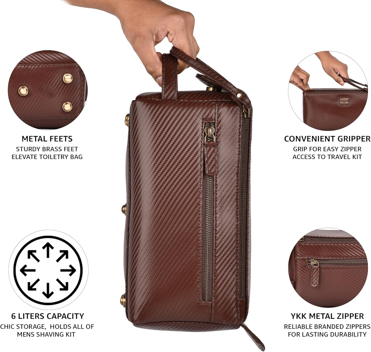 LEATHER VILLAGE Premium Carbon Fiber Genuine Leather Travel Toiletry Bag - Large Compact Dopp Kit