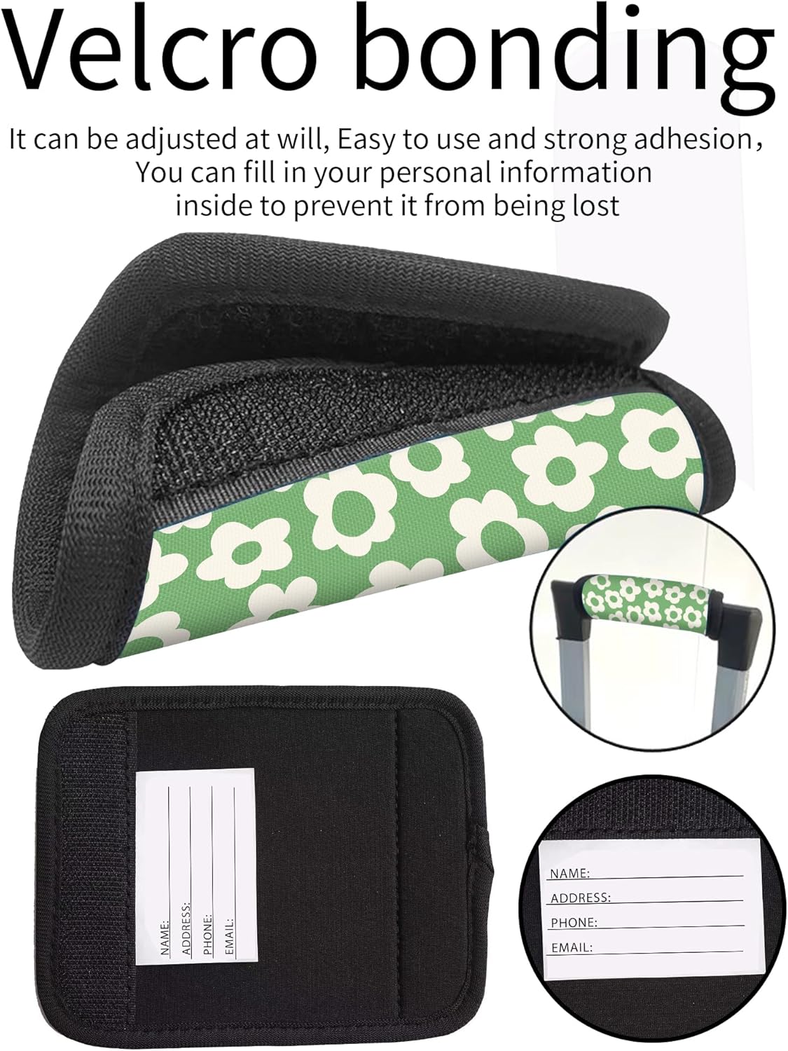 2 Pack Luggage Handle Wrap Travel Tags - Set of Luggage Tags for Suitcases, Identifiers, Marker, and Handle Covers - Cruise Accessories and Travel Gifts（Green Groovy Flower