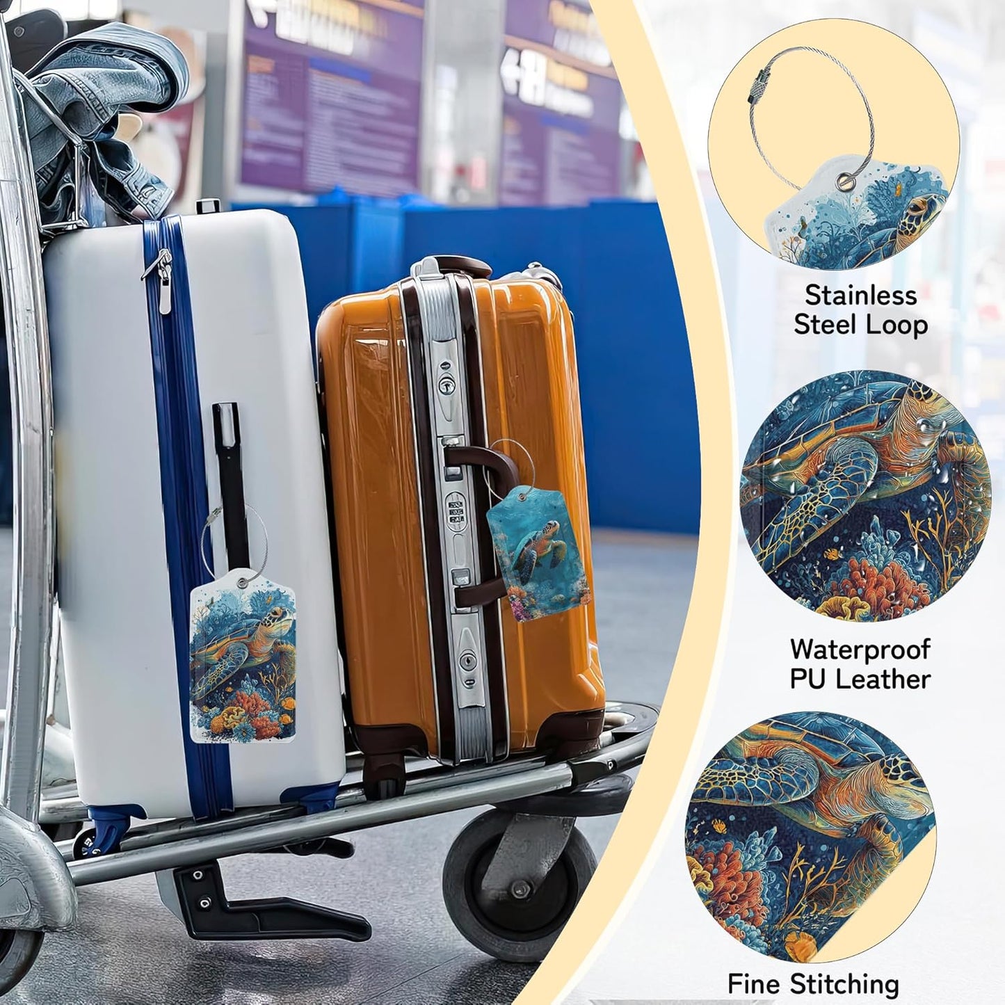 3 PCS Sea Turtle Luggage Tags,Tropical Coral Fish Suitcase Tags Privacy Cover ID Label with Stainless Steel Loop and Address Card for Travel Bag Suitcase