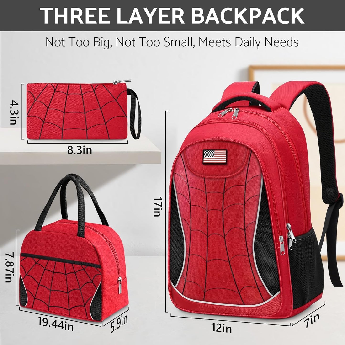 Kids Backpack for Boys，3PCS Boys Backpack with Lunch Box Set for Children Elementary Middle School Students，Lightweight School Bookbag for Travel and Daily Use