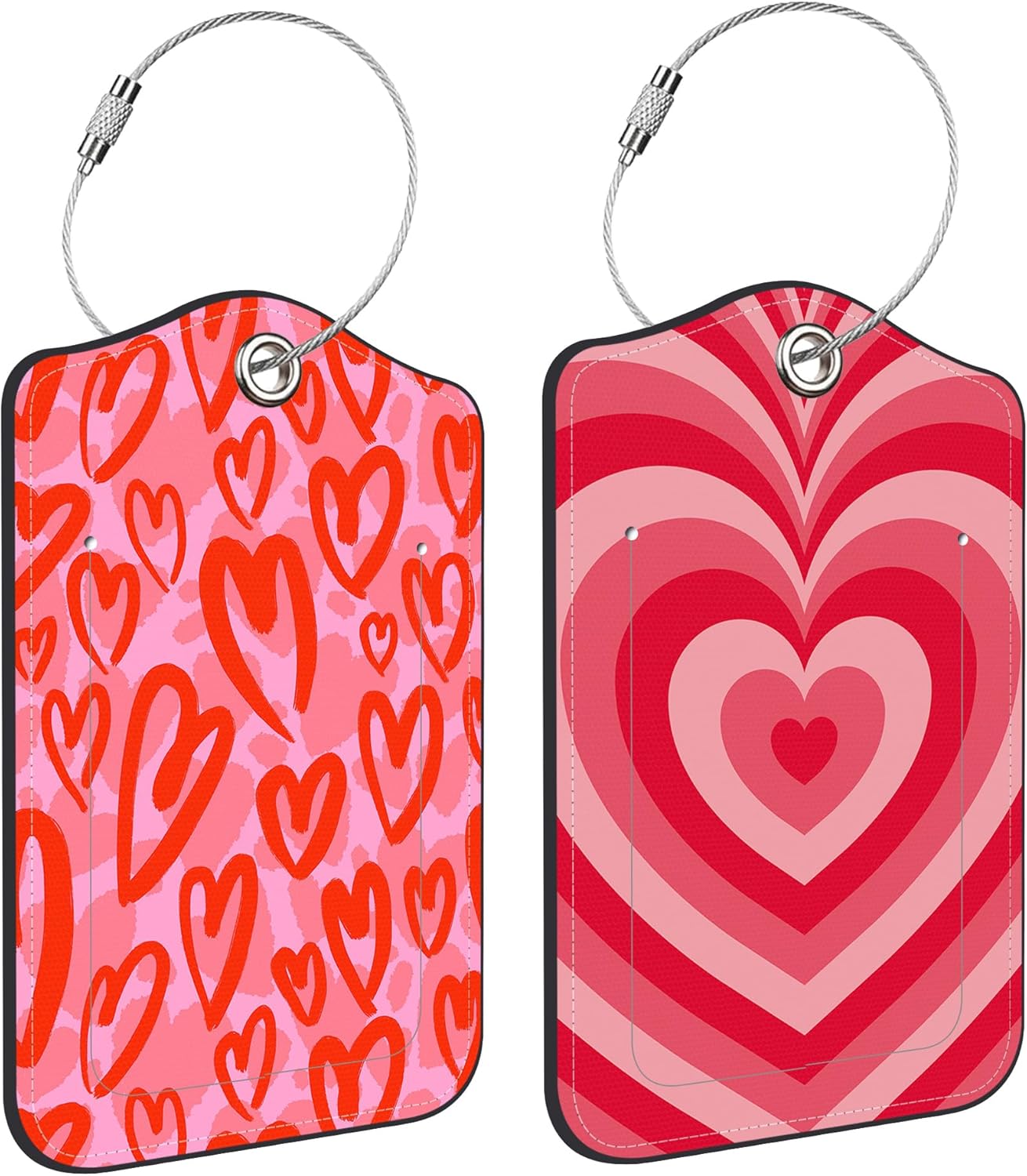 2 Pack PU Luggage Tags for Suitcase, Pink Heart Suitcase Tag Leather Privacy Cover ID Label with Stainless Steel Loop for Baggage Handbag School Bag Backpack