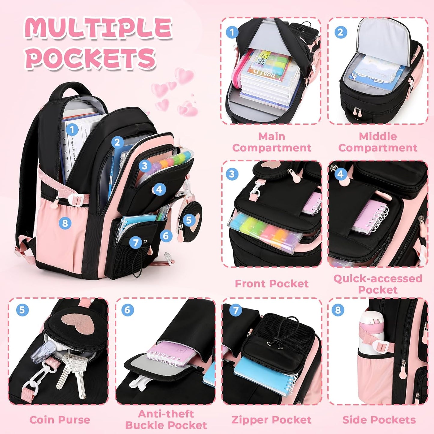 MOONBABY Girls Backpack, Kids Backpack for Girls, School bag for Primary Elementary Teenage, Middle School Students Bookbag