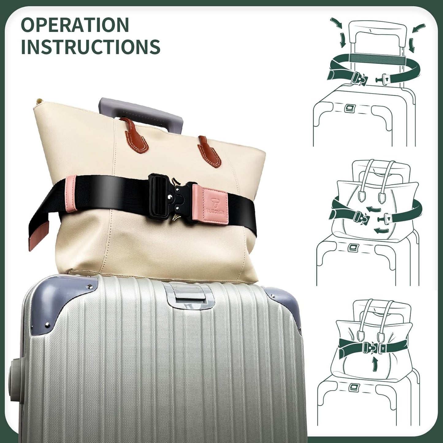 Luggage Straps for Carry On, Vethers Add a Bag Travel Belt, Hands Free Luggage Helper, Adjustable and Stylish Belt with Metal Buckles for Second Bag, Tote, Airport Travel Accessory (Pink)