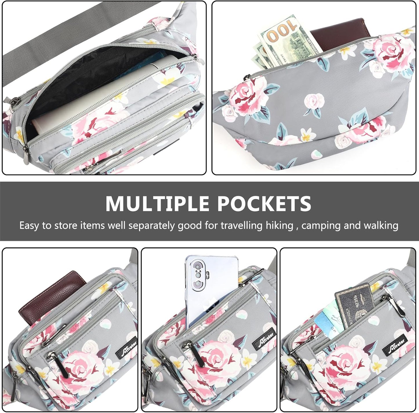 Waist Pack Bag Fanny Pack for Men&Women Hip Bum Bag with Adjustable Strap for Outdoors Workout Traveling Casual Running Hiking Cycling (New Grey Flowers)