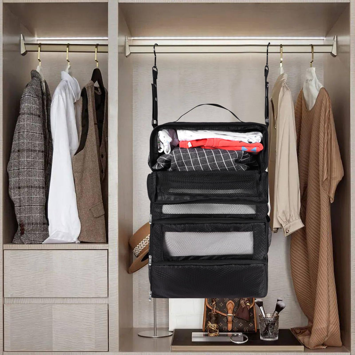 Olosar Suitcase Organizer, Travel Luggage Organizer Portable Hanging Travel Shelves Collapsible