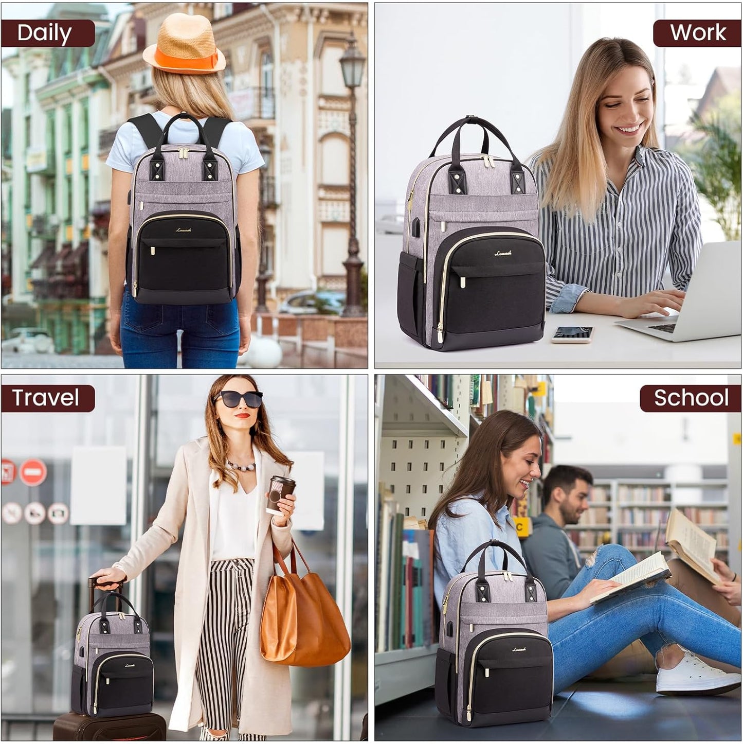 LOVEVOOK Backpack for Women,Laptop Backpack Women,Fits 18 Inch Laptop Bag,Fashion Travel Work Anti-theft Bag,Waterproof Business Computer College Teacher Backpack Purse Daypack, Grey-Black-Balck