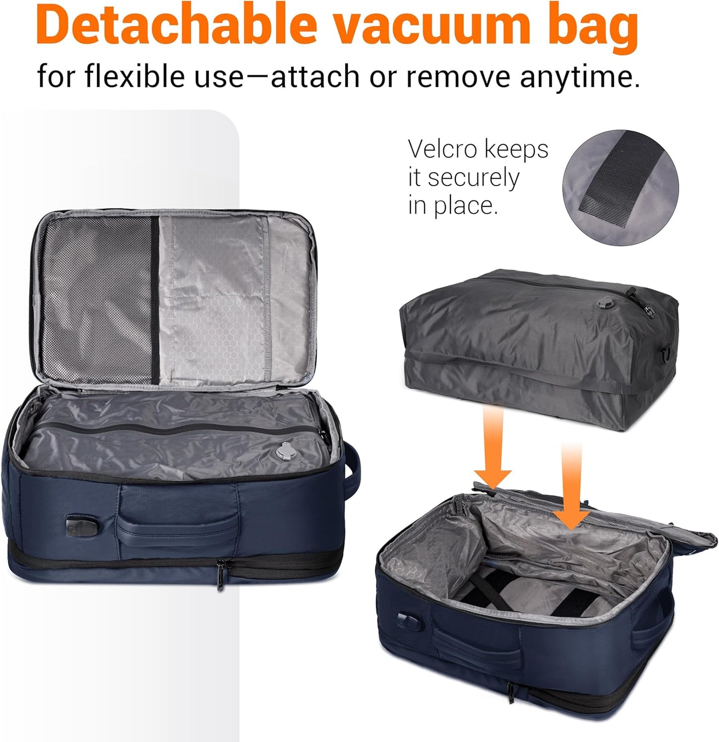Vacuum Seal Backpack for Travel with Pump, 60L Expandable Backpack with Detachable Vacuum Compression Bag Waterproof Carry On Large Travel Bag for Airline Laptop Backpack with Shoe Compartment Navy