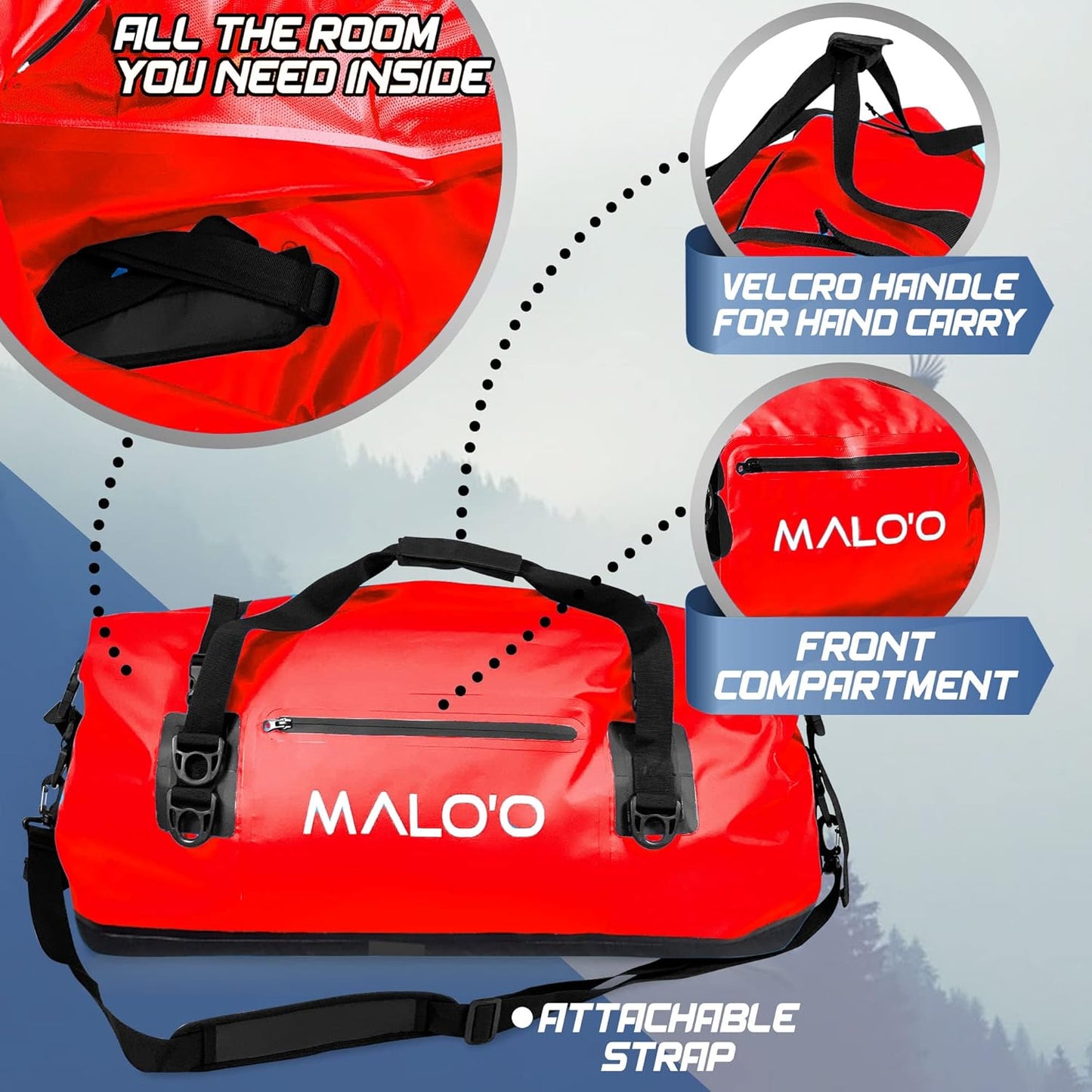 Malo’o Waterproof Dry Duffel, Heavy-Duty Roll Top Waterproof Gear Bag with Shoulder Strap & Molle Loops, Marine Duffel for Kayaking, Boating, Camping, Beach & Travel, Red, 100L