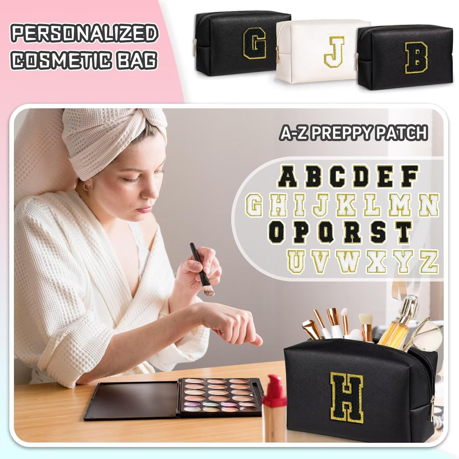 TOPEAST Preppy Makeup Bag, Cute Makeup Pouch PU Leather Waterproof Cosmetic Bag, Personalized