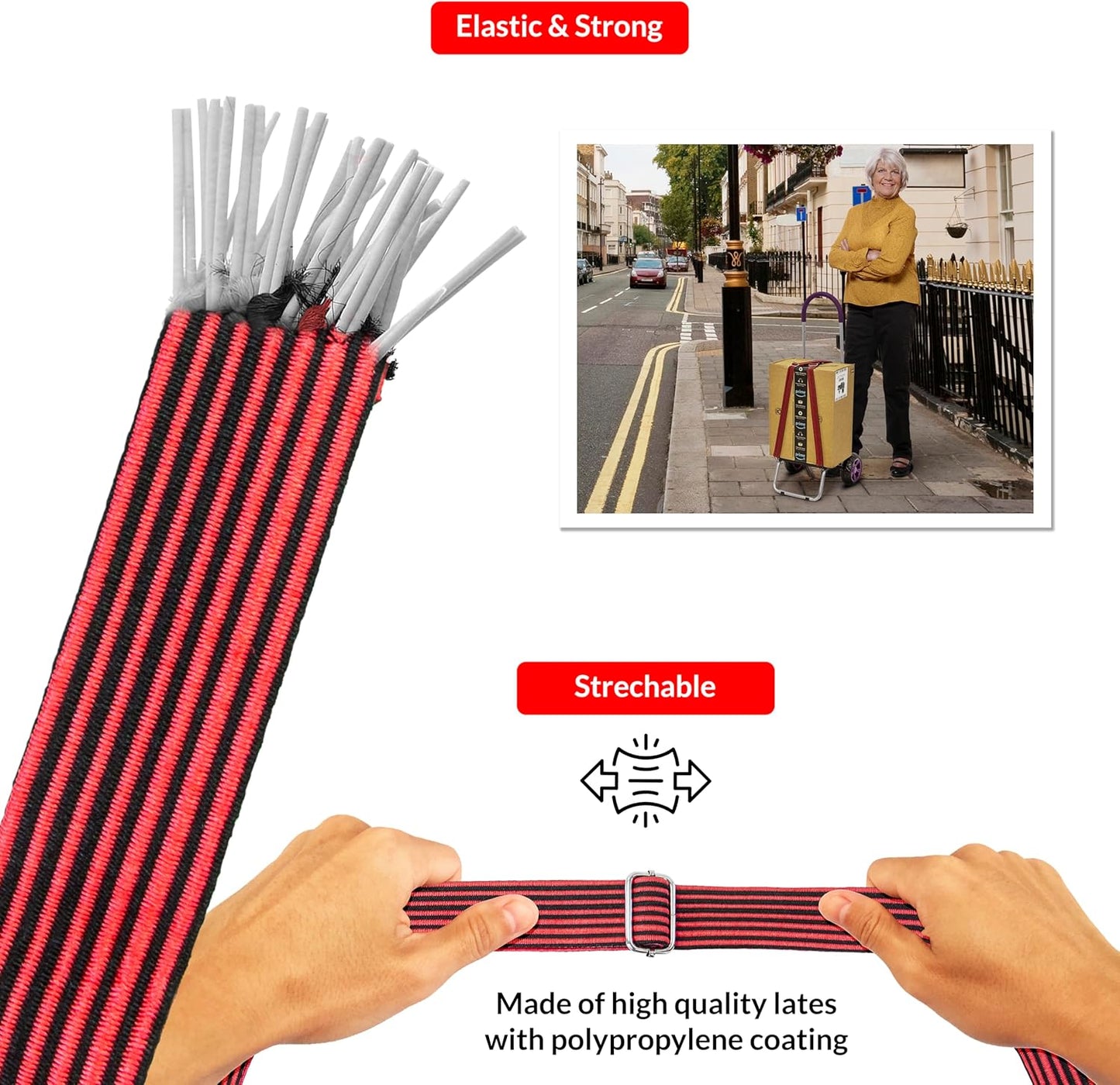 dbest products Trolley Dolly High-Tension Power Adjustable 63' Flat Bungee Cord 4 Pack with Hooks and Buckle Heavy Duty Elastic Strap Max Stretch Tie Downs Moving Outdoor