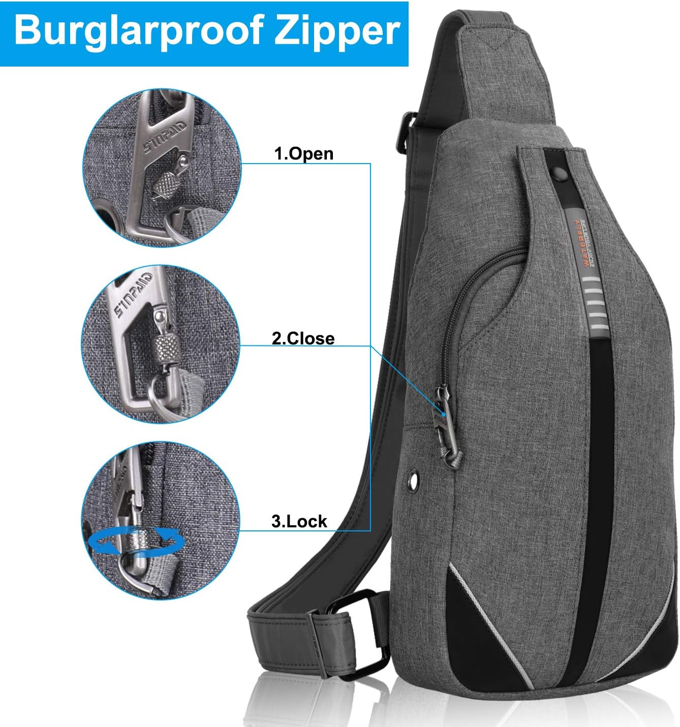 WATERFLY Small Crossbody Sling Backpack Anti Theft Backpack for Traveling Chest Bags for Men&Women Multipurpose Casual Daypack Hiking Shoulder Bag (Gray)