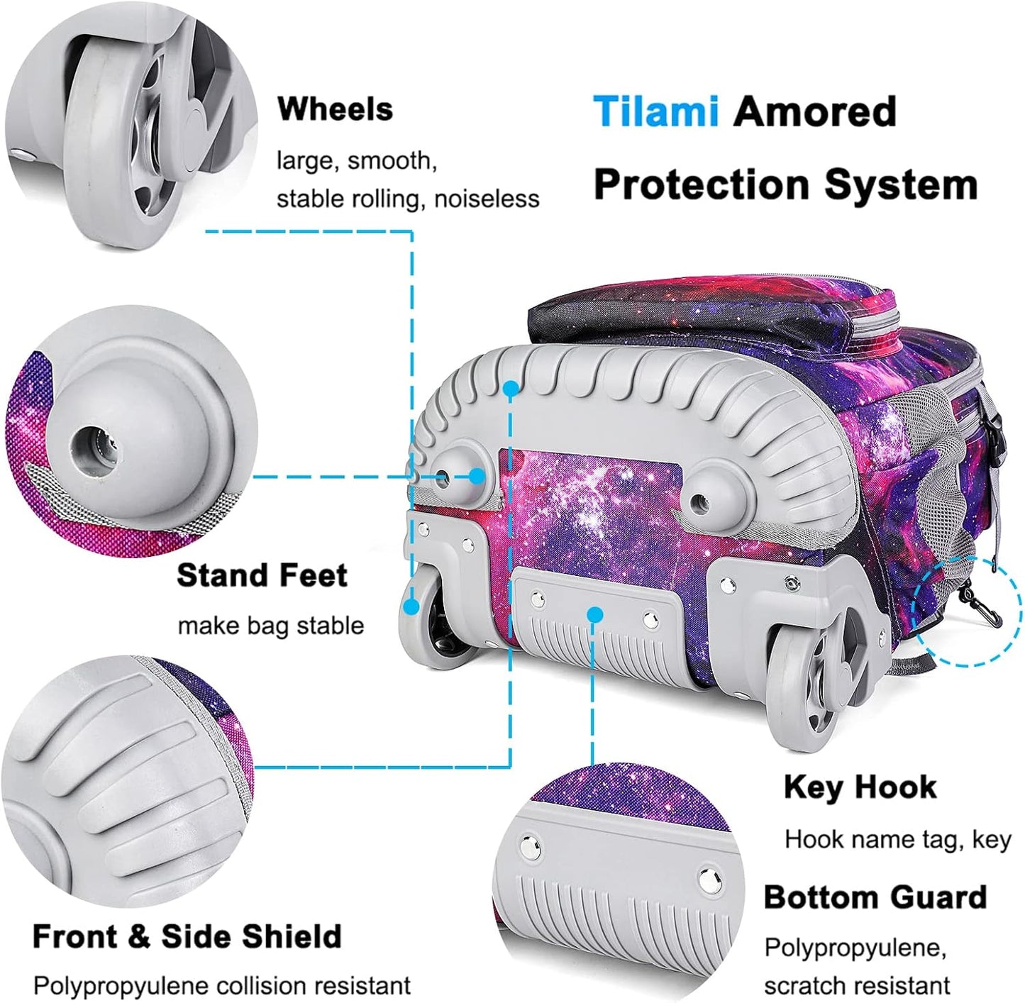 Tilami Rolling Backpack 19 inch with Lunch Bag Wheeled Laptop Backpack, Deep Red Galaxy