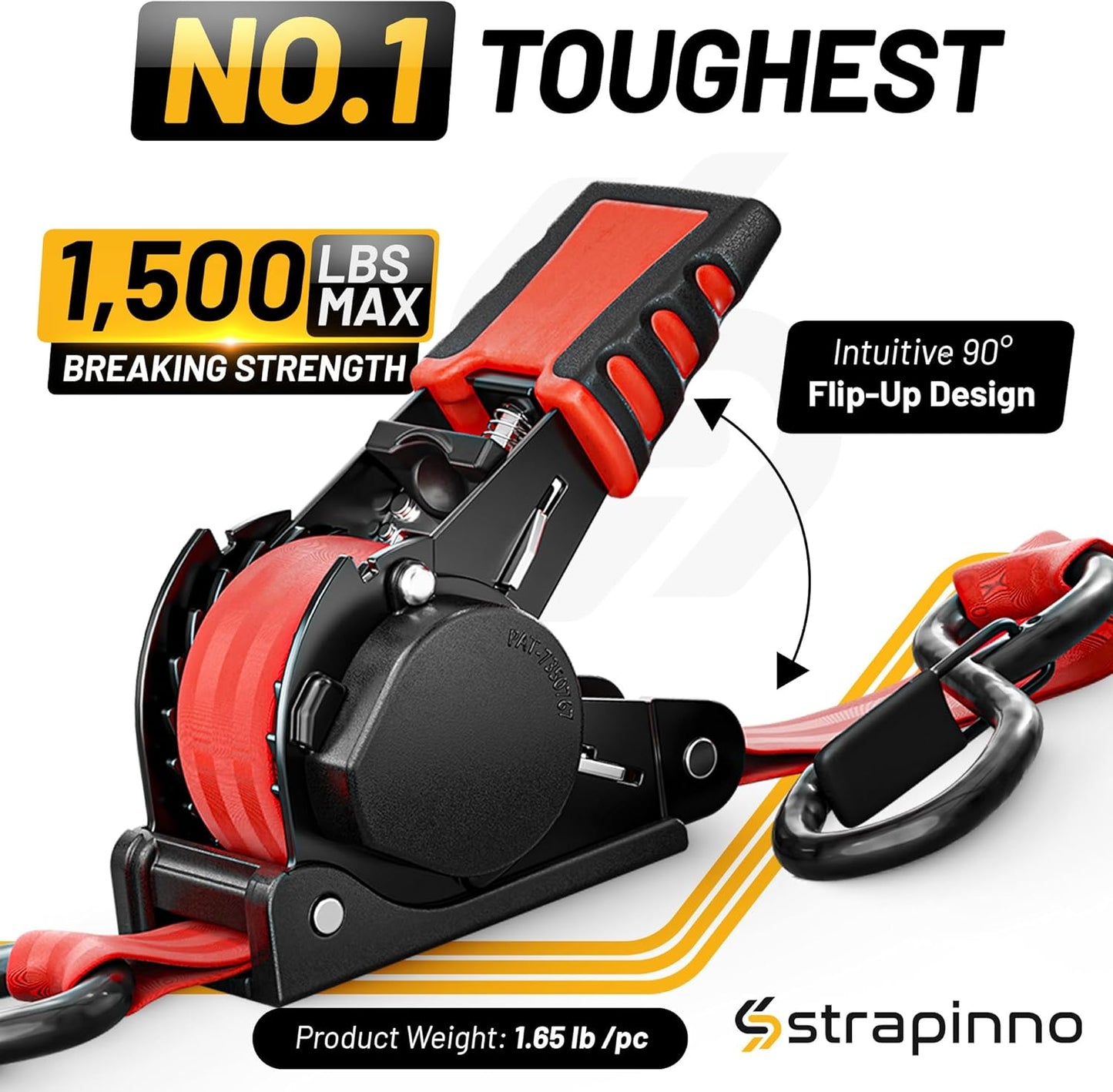 Strapinno Retractable Ratchet Straps 1 in x 10 ft, Secure Tie-Downs with Rubber-Coated Steel Handles, for Motorcycle, Jetski, Kayak, Breaking Strength 1,500LBS/680KG (Red Strap, Black Coated)