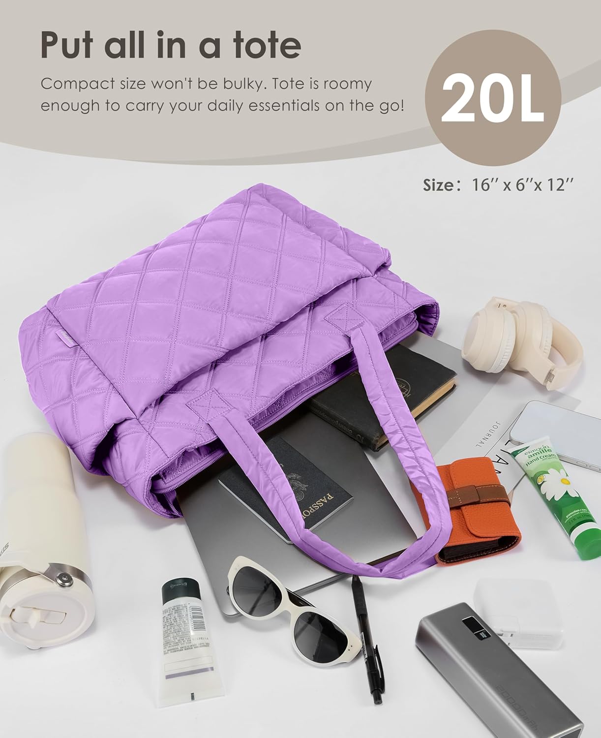 Tote Bag for Women, Lightweight Puffer Tote Work Bags with Compartments for Travel, Quilted Shoulder Bag with Zipper