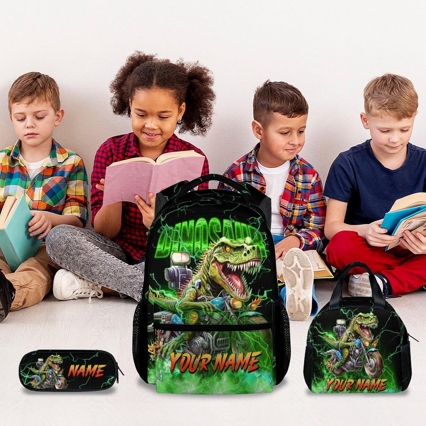 Personalized Backpack with Lunch Box, Dinosaur Backpacks for Boys, 17 Inch Custom Kids School Bag Set, Motorcycle Bookbags for Elementary