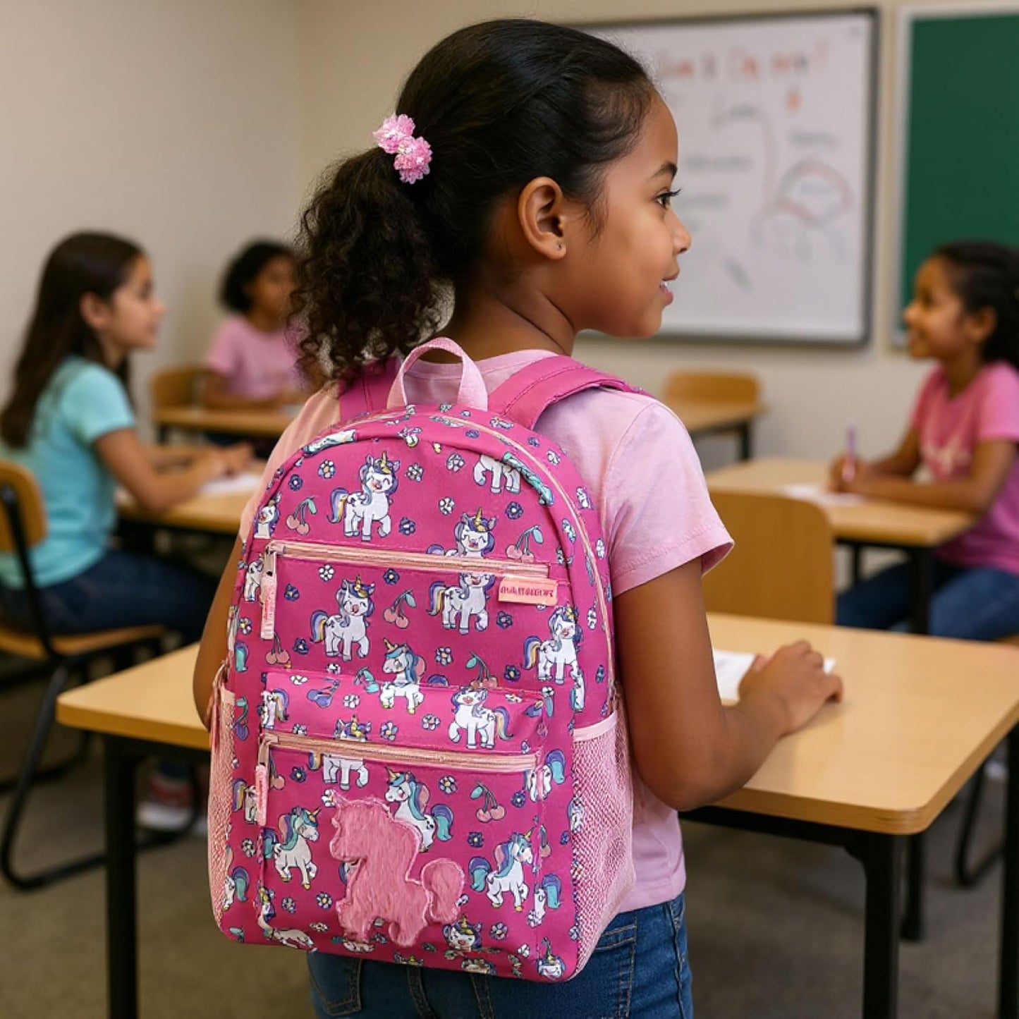 Trail maker 17” Kids Character School Backpacks Plush for Girls with Side Pockets, Padded Straps