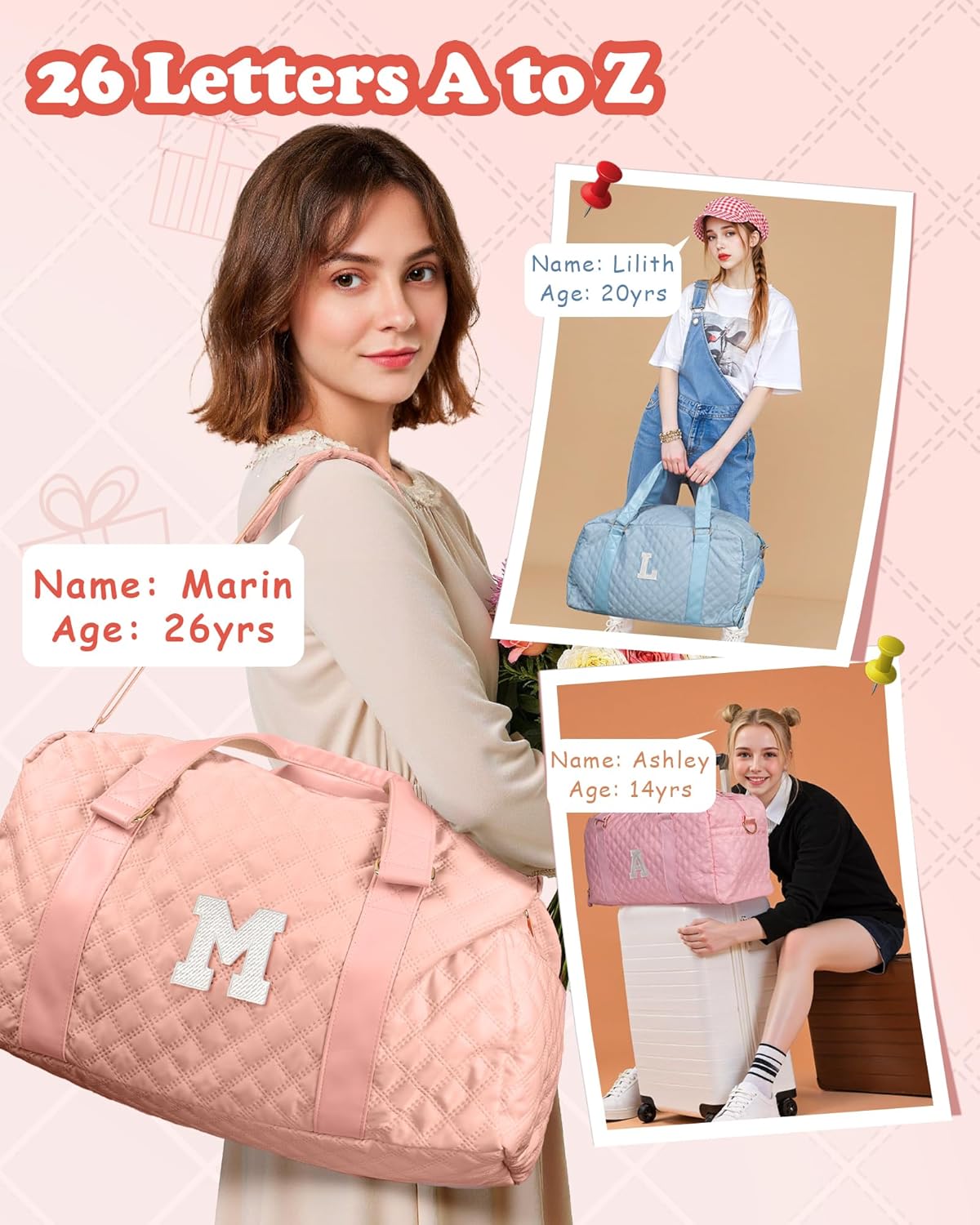 Duffle Bag Women Girls Gift: Letter Carry on bags, Dance Cheer bag Sports for Girl, Kid Gymnastics Bags, Birthday Gifts for Women Girls Kids Teens Mom Teacher