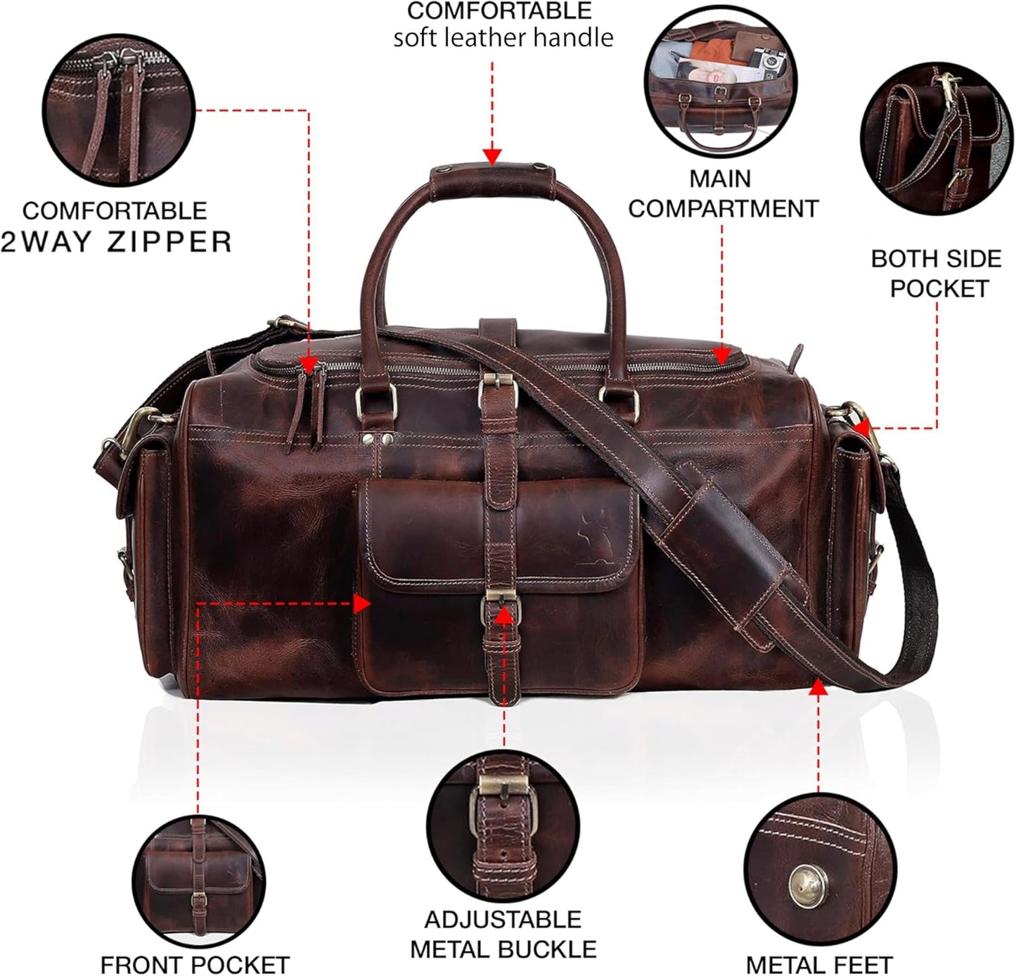 Leather Farm Travel Duffel Bags for Men & Women - Premium 24" Mens Weekender Overnight Gym Bag, Carry-On Luggage with Spacious Compartments, Stylish Leather Duffel Bag for Airplane, Sports & Trips