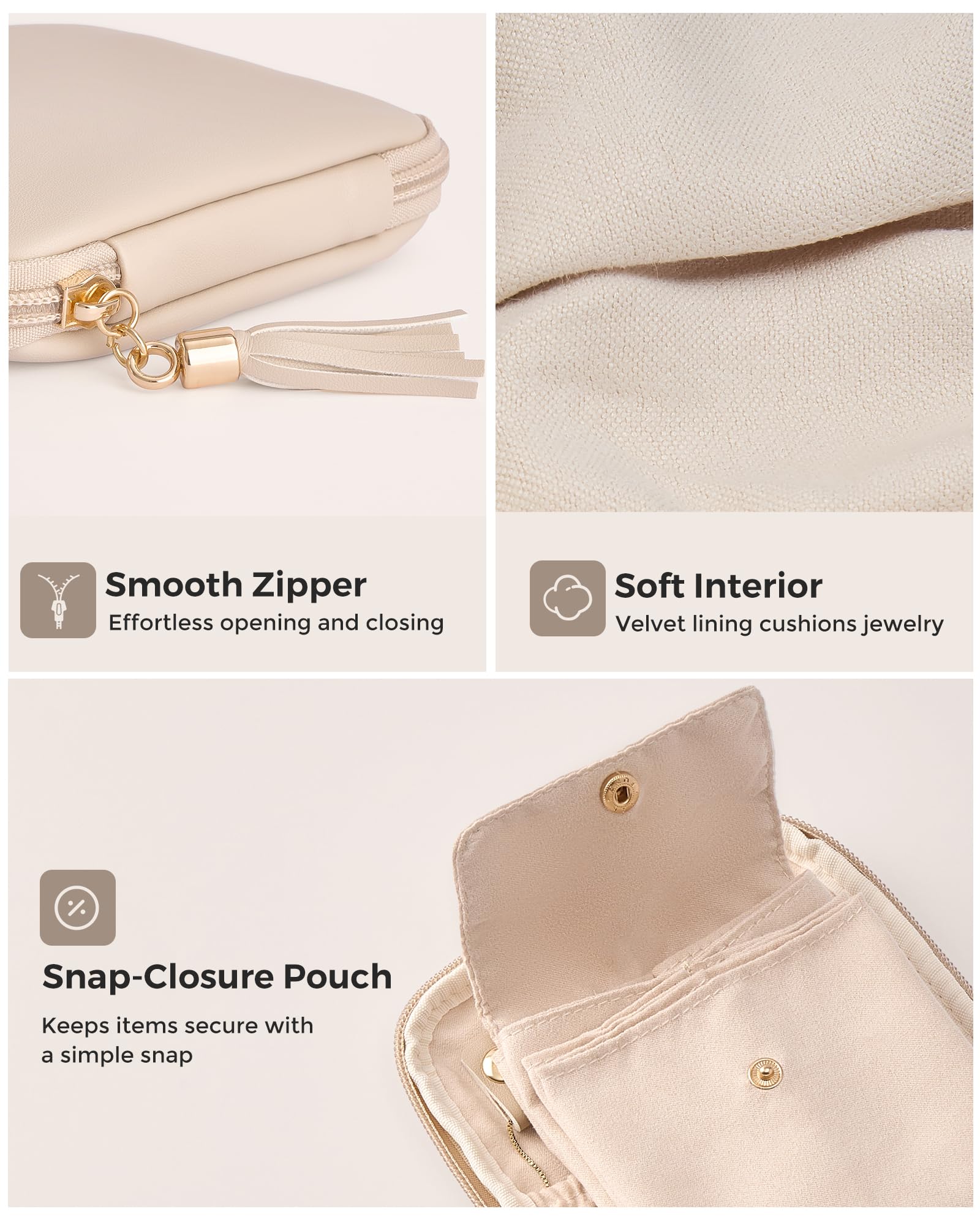 Lolalet Travel Jewelry Case Organizer, Small Soft Jewellery Pouch -Oatmeal