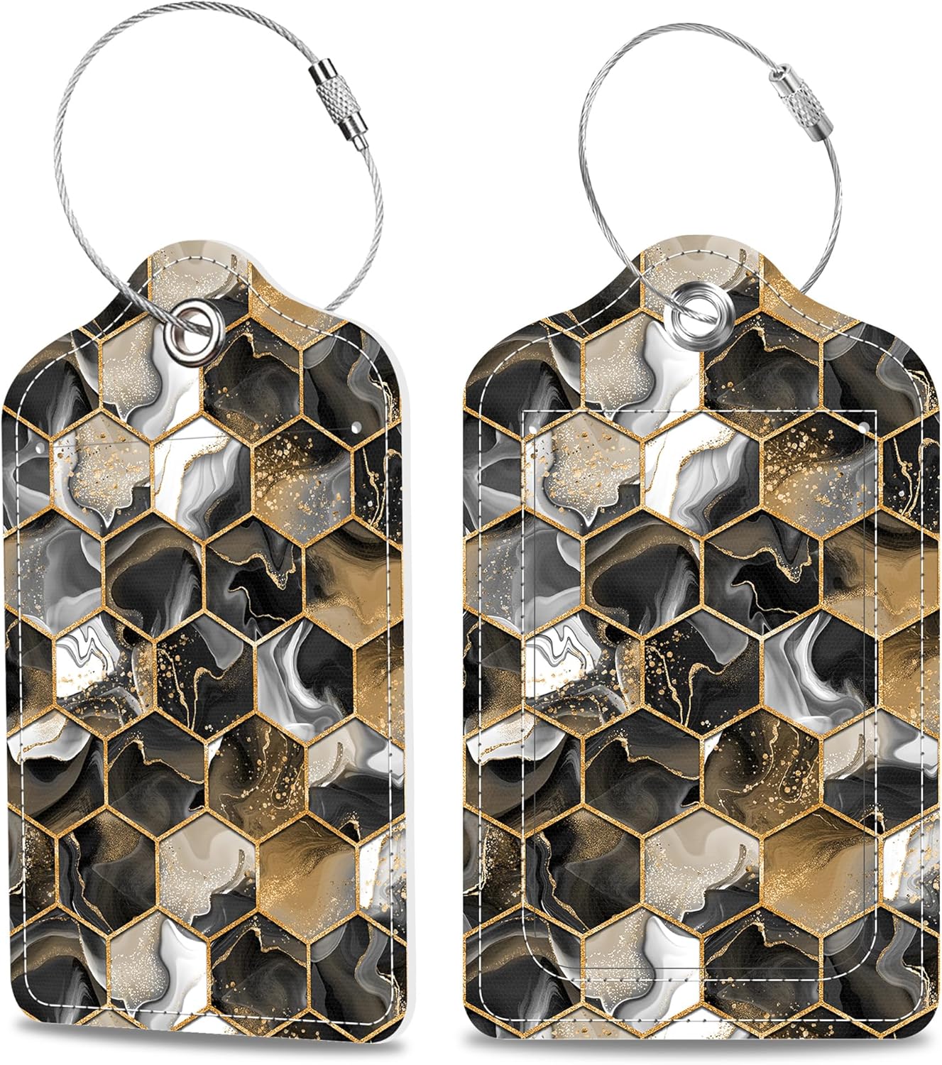 Gold Ink Hexagon Texture Luggage Tags 2PCS PU Leather Suitcases Tag with Stainless Steel Loop and